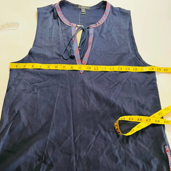 J. Crew Cotton Navy Multicolored Trim Sleeveless Tie Neck Top Size Medium NEW - Picture 7 of 9